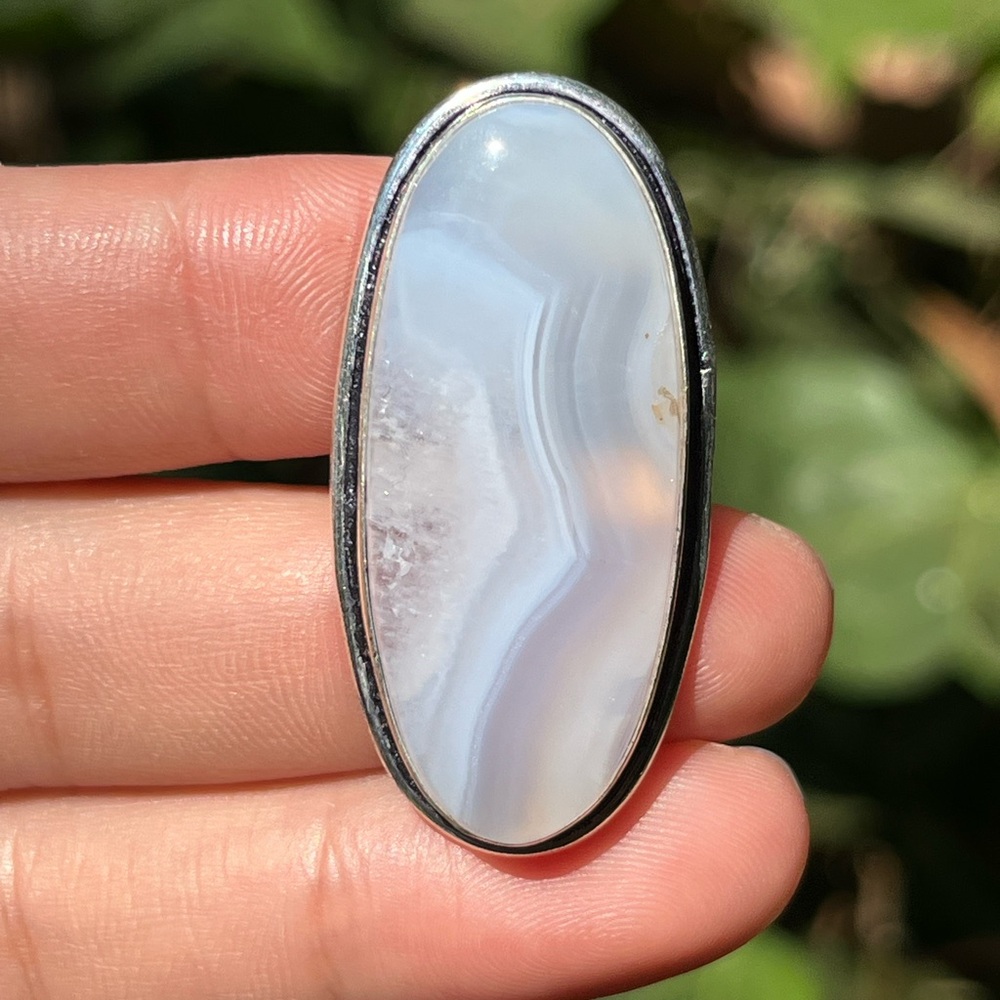 Size 8 silver plated long druzy blue lace agate ring